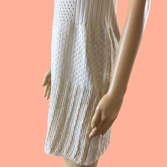 Womens Ribbed Beach Slip Dress Large L Ivory Crochet Stretch Knee Length Eyelet - Picture 7 of 11